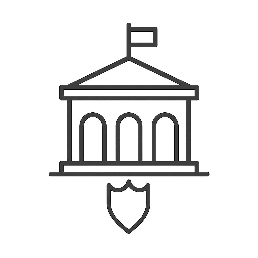 The infographic featuring a courthouse with a flag on top and a shield underneath might symbolize or highlight the image f...